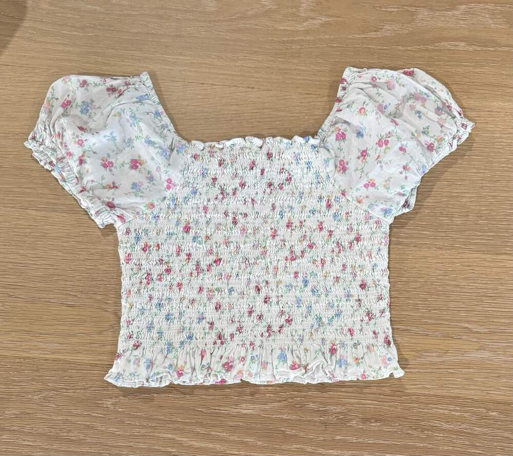 Love Shack Fancy Girls Blouse Shirt Top Size 12Y Ruched Pouf Sleeve White Floral
